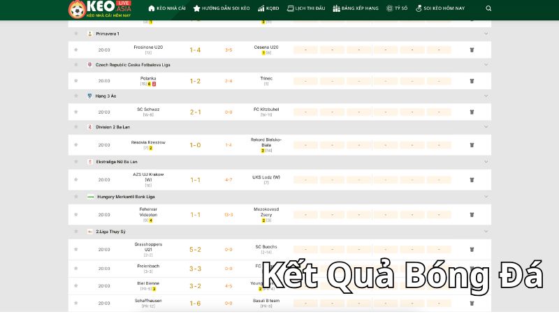 Kết quả của các giải đấu hàng đầu hiện nay