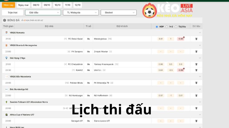 Lịch thi đấu cập nhật sớm nhất